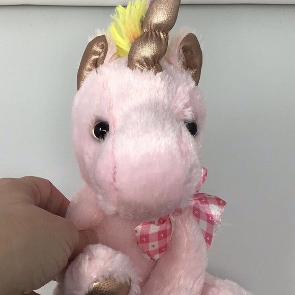 Pink Rose Gold Metallic Unicorn with Bow 10" Plush Yellow Pink Mane Stuffed Toy - Picture 2 of 9